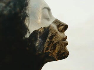 Poster - Serene Woman Profile Double Exposure with Mountain and Galaxy in Dreamy Style Studio Shot