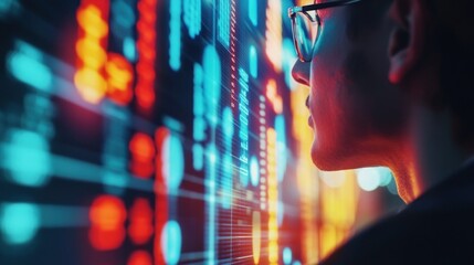 Poster - Man analyzing data on a futuristic digital screen.