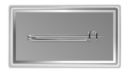 Poster - Close up of a blank horizontal metal badge with a closed safety pin, offering customizable space for logos or messages against a white background