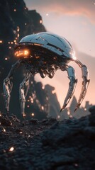 Poster - Futuristic white robotic spider on a rocky landscape at sunset.
