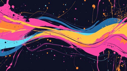 Poster - abstract colorful paint splashes and streaks on dark background.