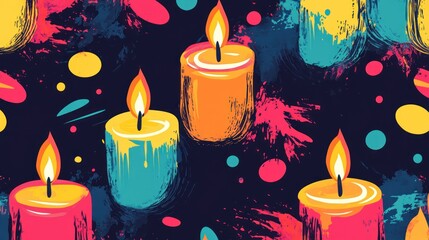 Poster - seamless pattern with colorful candles and abstract paint strokes.