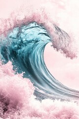 Poster - Dramatic Ocean Wave Crashing with Pink Spray Artistic Rendering Abstract Coastal Scene Aquatic Power Nature Beauty
