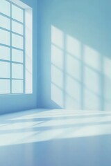 Poster - Light Blue Room Interior with Window Casting Shadows on Wall and Floor Minimalist Design Modern Architecture Studio Shot Empty Space