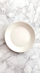 Poster - Empty white plate on marble background overhead shot for food photography and product mockups simple clean minimalist style