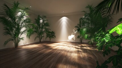 Poster - Interior space with tropical plants and hardwood floor in spotlight style for design and decoration ideas