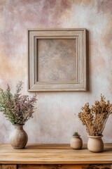 Poster - Rustic Still Life with Empty Frame Vases and Dried Flowers on Wooden Table Against Textured Wall