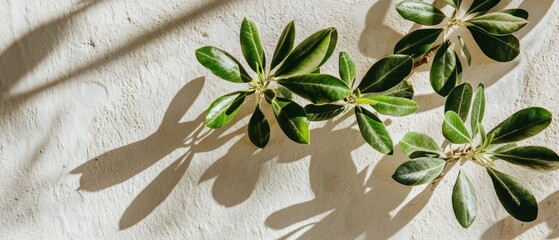 Poster - Green Leaf Twigs Casting Shadows on Textured White Wall in Natural Light Overhead Still Life