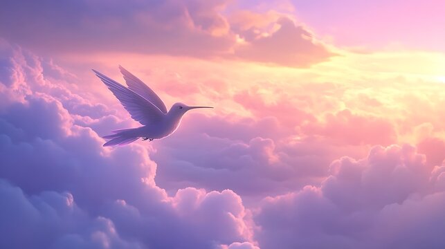 A pastel-colored anime dreamland with a tiny hummingbird dancing among flowers