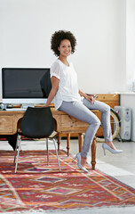 Poster - portrait, happy and business woman in office for career, job or working at startup in brazil. creati