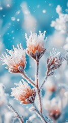 Poster - Frozen Flowers in Winter Still Life Close Up Macro Shot with Bokeh and Snowflakes on Blue Background Cold Weather