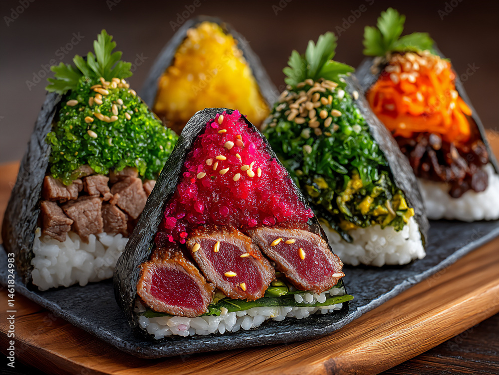 triangle kimbap cross-section showing various fillings Stock Photo