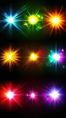 Poster - Colorful Starbursts on Black Background Abstract Graphic Design Element Illustration Bright Lights Bursting Radiating Energy