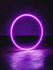 Poster - Glowing purple neon circle on concrete floor and wall in dark room modern abstract design