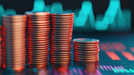 Poster - Stacks of coins rising with upward-trending graphs, symbolizing financial growth