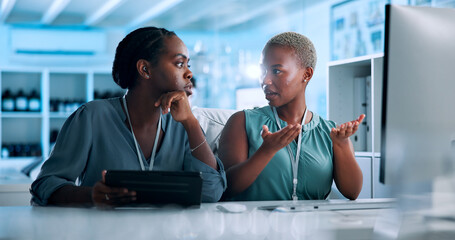 Poster - Talking, biotech or black people in lab with tablet, computer or gene editing medical experiment. Data scientist, innovation consultant or teamwork with science report, test or DNA research results