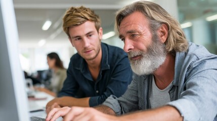 Poster - A young employee is looking for guidance from an older colleague in a bright office environment. They are both focused on a computer screen, discussing work-related matters