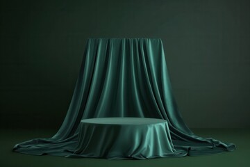 Poster - Green velvet fabric draped over round table and backdrop in studio setting product display stage luxury elegance