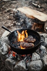 Wall Mural - Grilling meat on campfire in cast iron skillet outdoors adventure cooking lifestyle close up shot rustic setting