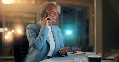 Poster - Business, black woman and computer with phone call at night for discussion, chat and finance update. Female person, mobile and communication with contact, financial feedback and negotiation deadline