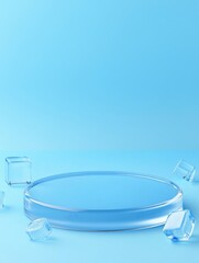 Poster - Minimalist product display with ice cubes on blue background studio shot for cosmetic or food presentation clean and refreshing