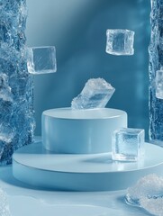 Poster - Ice cubes floating on blue podiums studio shot product display refreshing cool clean minimalist concept