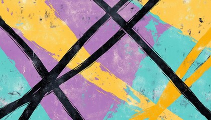 Poster - Abstract Brush Stroke Background with Yellow Purple Teal and Black Colors Modern Paint Pattern on Rough Texture with Creative Art Design