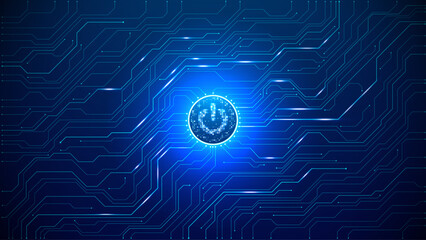 Fototapete - AI innovation futuristic concept. Technology blue background. ON Power blue button, and circuit board. Artificial intelligence and Machine Learning cover. For web and presentation bg.