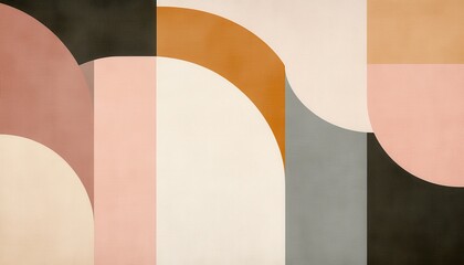 Poster - Abstract Geometric Art with Muted Pastel Colors and Varied Shapes Including Arcs Rectangles in Beige Orange Gray Black and Salmon