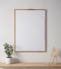 Wall Mural - Modern minimalist poster mockup on white wall, wooden clips ,  marketing,  visual