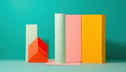 Aufkleber - Abstract Geometric Composition with Vivid Colored Paper Shapes on Teal Background Featuring Orange Cube Pink Rectangles and Mint Cylinder