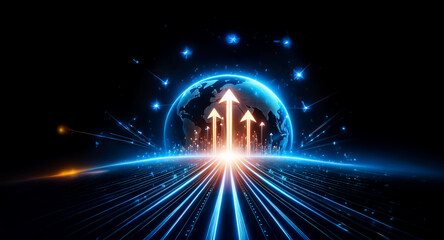 Poster - glowing arrows ascend from a futuristic road towards a vibrant globe, symbolizing global growth and 