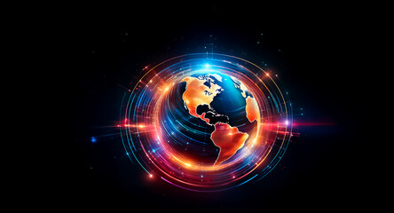 Aufkleber - A vibrant, glowing Earth encircled by rings of energy, set against a dark background.  The planet is depicted in shades of red, orange, and blue, suggesting global connectivity and energy.