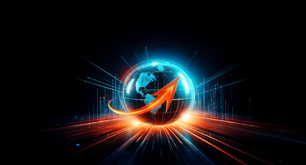 Aufkleber - Glowing Earth encircled by an upward-trending arrow, set against a backdrop of vibrant, radiating light streaks suggesting technological advancement and global growth.