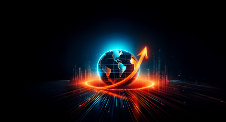 Aufkleber - A glowing Earth encircled by an upward-trending arrow, set against a dark background with vibrant light streaks.  The image symbolizes global growth and digital transformation.