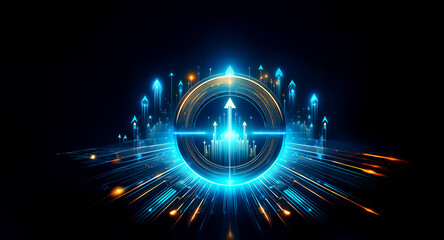 Aufkleber - glowing blue and orange sphere encircled by upward-pointing arrows, radiating light streaks. represe