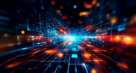 Poster - abstract digital art depicting a vibrant, futuristic cityscape with glowing lines and particles, sug