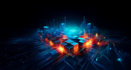 Aufkleber - A futuristic cityscape emerges from a glowing, interconnected network of cubes, set against a dark background.  The vibrant hues of blue, orange, and red illuminate the scene, suggesting technological