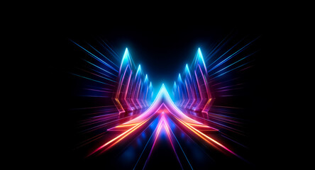 Aufkleber - vibrant blue and orange neon arrows converge in a symmetrical, futuristic design against a black bac