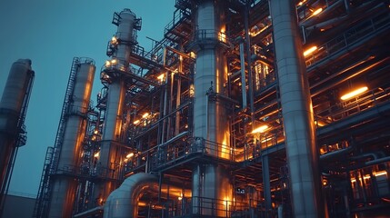 Poster - A detailed view of a modern industrial facility at night, illuminated by vibrant orange lights