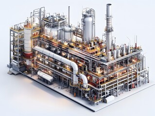 Poster - A detailed view of a modern industrial plant showcasing advanced machinery, complex piping, and production equipment