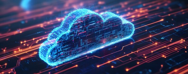 Poster - A futuristic digital cloud icon surrounded by glowing data streams, representing the concept of cloud computing and data transfer in a tech-driven world.