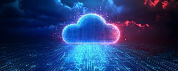 Poster - A futuristic digital cloud with glowing neon effects, representing data storage and connectivity in the modern tech landscape