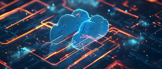 Poster - A futuristic representation of cloud computing, featuring glowing blue clouds on a vibrant circuit board background, symbolizing data storage and modern technology innovations.
