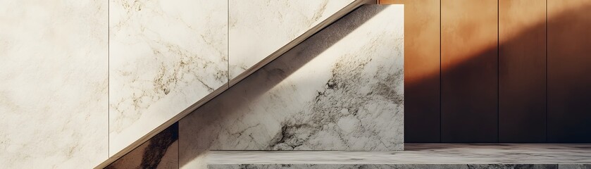 Poster - A modern architectural detail featuring a sleek marble staircase with contrasting textures