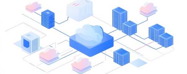 Poster - A modern illustration of cloud computing, showcasing interconnected servers and data centers