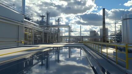 Poster - A modern industrial facility featuring large storage tanks, intricate pipelines, and a reflective water surface under a dramatic sky. This image showcases the essence of industry.