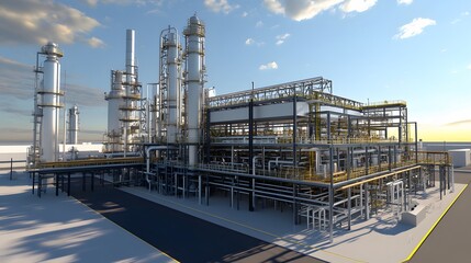 Poster - a modern industrial plant showcasing advanced manufacturing technology with large metal structures, 
