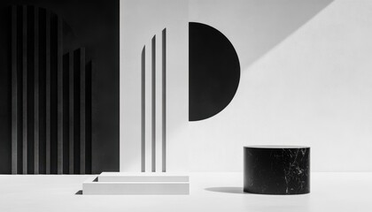 Leinwandbilder - Monochromatic Geometric Composition Featuring Abstract Shapes on White Background in a Modern Minimalist Style with Black Cylinders and Platforms