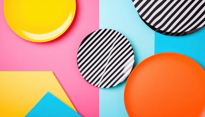 Aufkleber - Overhead Shot of Geometric Composition with Yellow Orange Striped Plates and Triangles on a Split Pink and Cyan Background